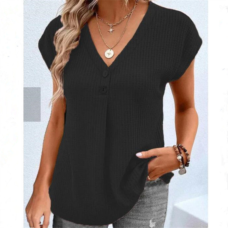 Women's Clothing European And American Top Solid Color Buttons Fashion Short Sleeve - Chic Angle